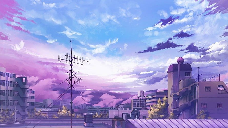 Anime Japanese Cityscape at Dusk with Purple Sky and Rooftop Antennas HD wallpaper