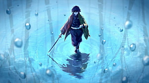 Giyu Tomioka Walking Through Rain in Demon Slayer Anime Illustration HD wallpaper