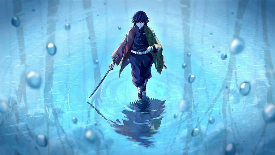 Giyu Tomioka Walking Through Rain in Demon Slayer Anime Illustration HD wallpaper