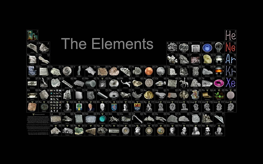 Periodic Table of Elements with Sample Photos and Neon Gas Symbols on Black Background HD wallpaper