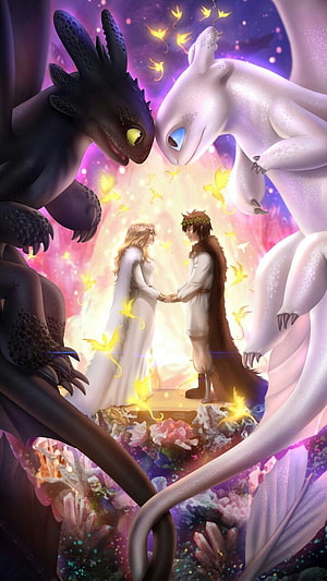 How to Train Your Dragon: Hiccup and Astrid Wedding Scene with Toothless and Light Fury HD phone wallpaper