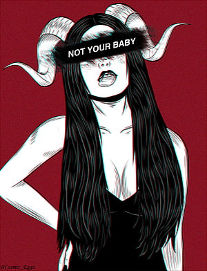 Satan Girl Illustration With Ram Horns And Blindfold Text On Red Background HD phone wallpaper