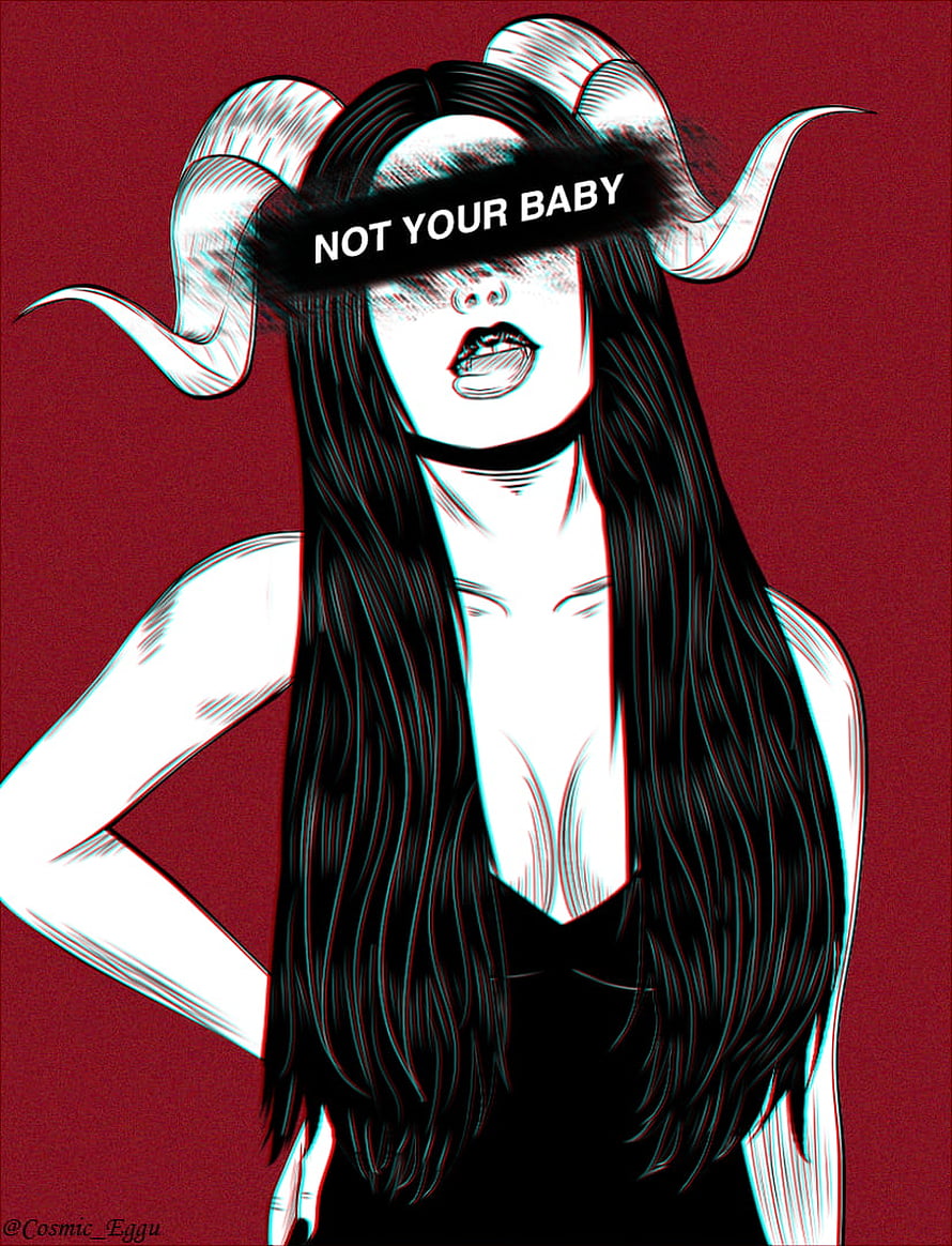 Satan Girl Illustration With Ram Horns And Blindfold Text On Red Background HD phone wallpaper