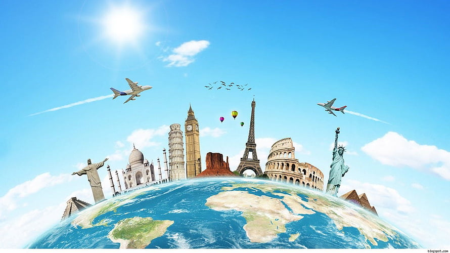 Global Travel Concept Featuring World Landmarks on a Stylized Earth Globe HD wallpaper