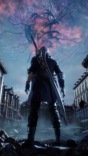 Nero from Devil May Cry 5 Standing in a Ruined City Facing a Cosmic Demon HD phone wallpaper