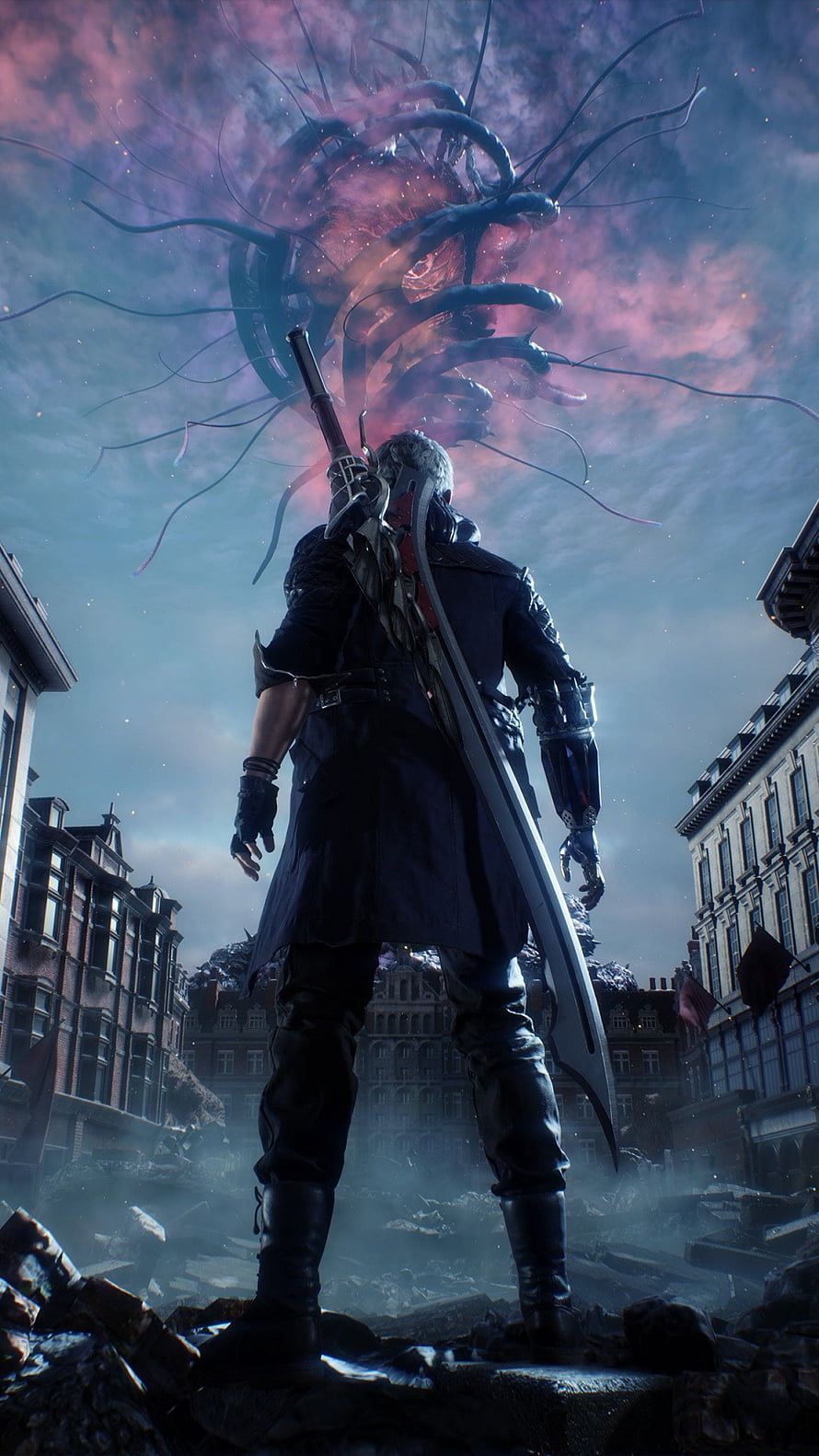 Nero from Devil May Cry 5 Standing in a Ruined City Facing a Cosmic Demon HD phone wallpaper