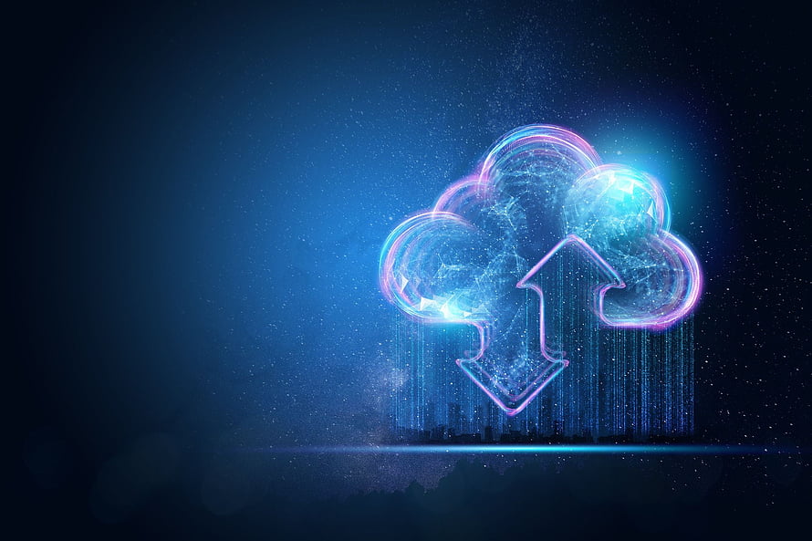 Neon Cloud Upload Icon with Digital Data Streams and Glowing Network Particles on Dark Blue Background HD wallpaper
