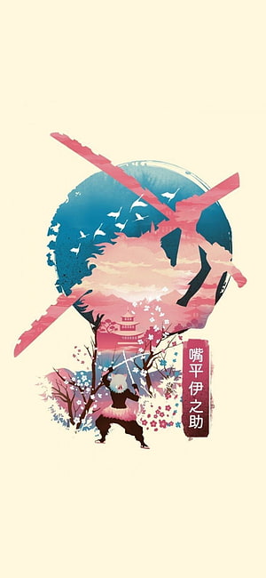 Inosuke Hashibira Demon Slayer Anime Illustration with Cherry Blossoms and Japanese Castle HD phone wallpaper