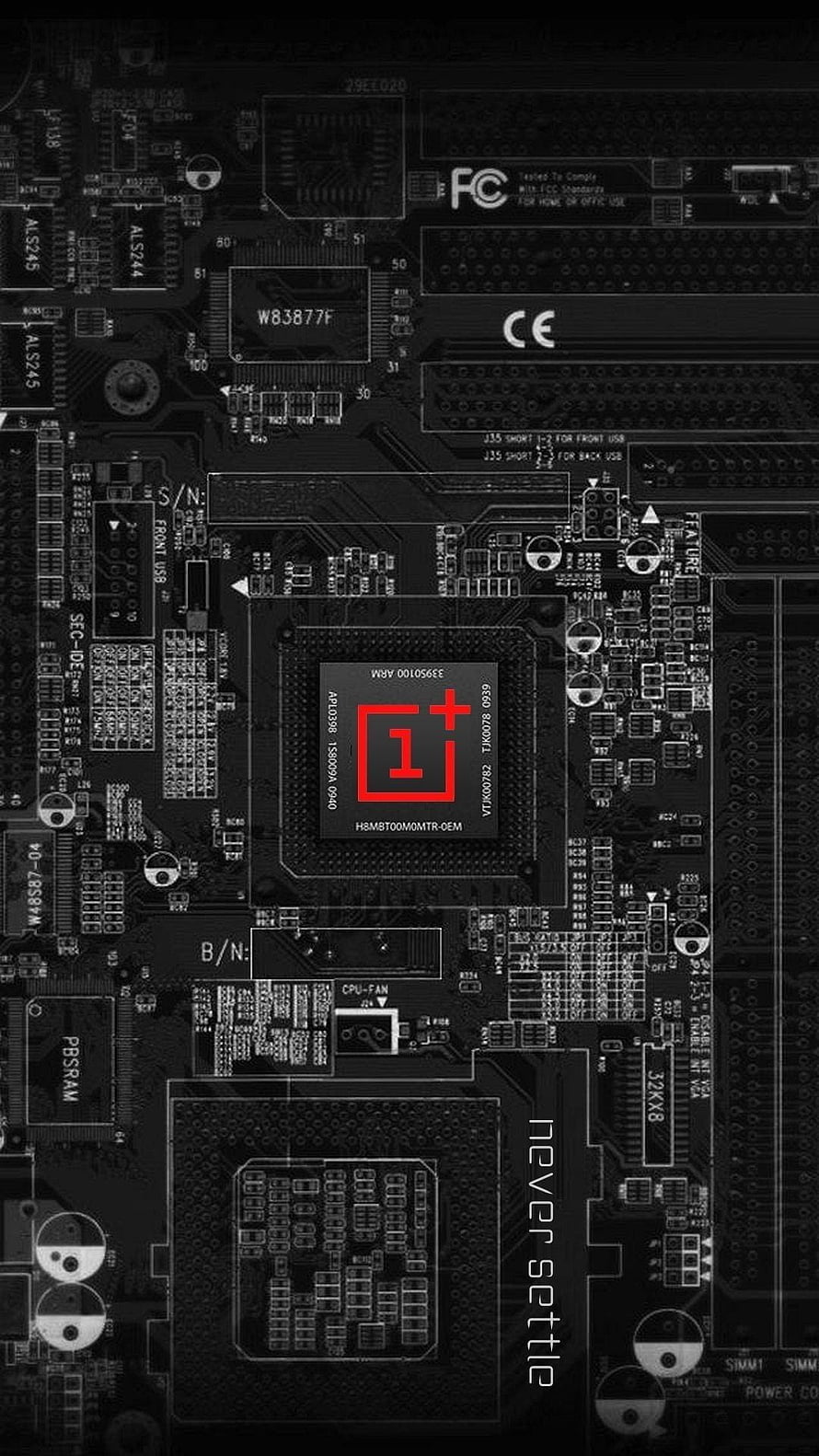 OnePlus Circuit Board Design with Never Settle Slogan and Red Logo HD phone wallpaper