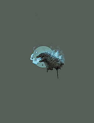 Minimalist Godzilla Ink Illustration with Atomic Breath and Moon Backdrop HD phone wallpaper
