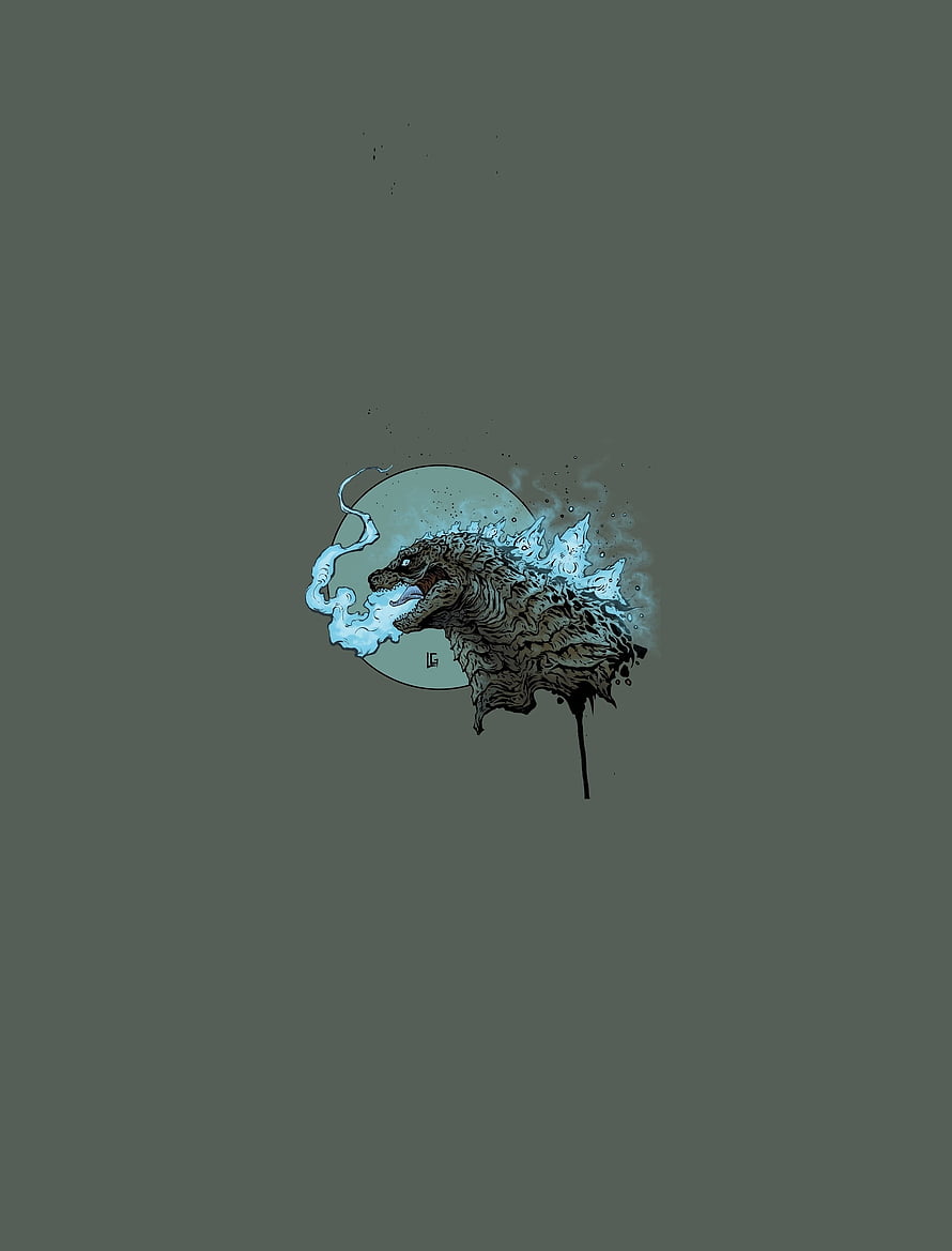 Minimalist Godzilla Ink Illustration with Atomic Breath and Moon Backdrop HD phone wallpaper
