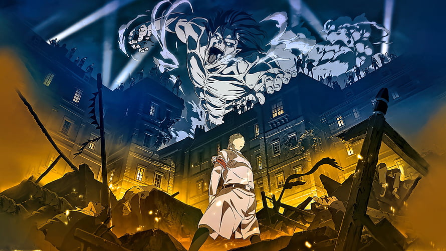 Attack on Titan Anime Scene: Soldier Confronting Colossal Titan in Burning City Ruins HD wallpaper