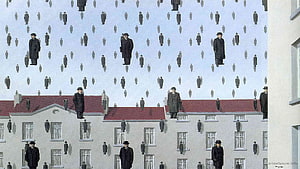 René Magritte Surrealist Painting of Men in Black Coats on a Building Facade HD wallpaper