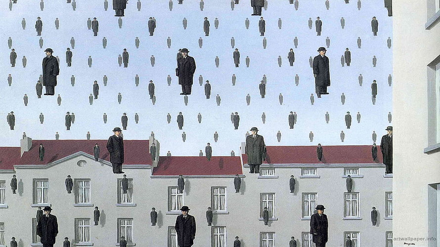 René Magritte Surrealist Painting of Men in Black Coats on a Building Facade HD wallpaper