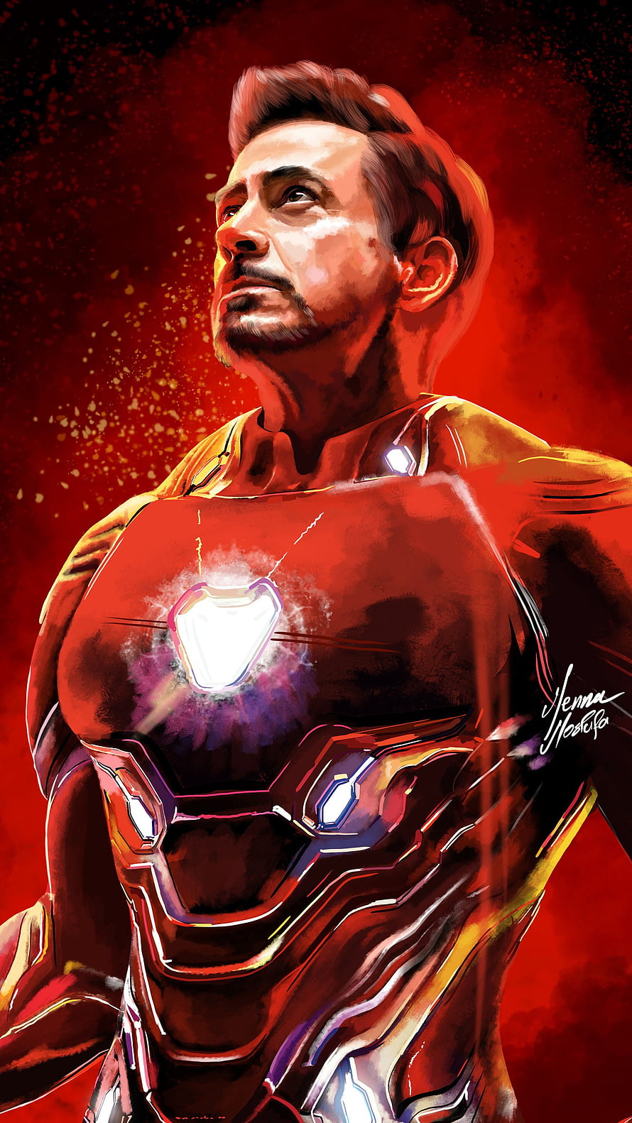 Tony Stark Iron Man Digital Art Portrait with Glowing Arc Reactor and Helmet HD phone wallpaper