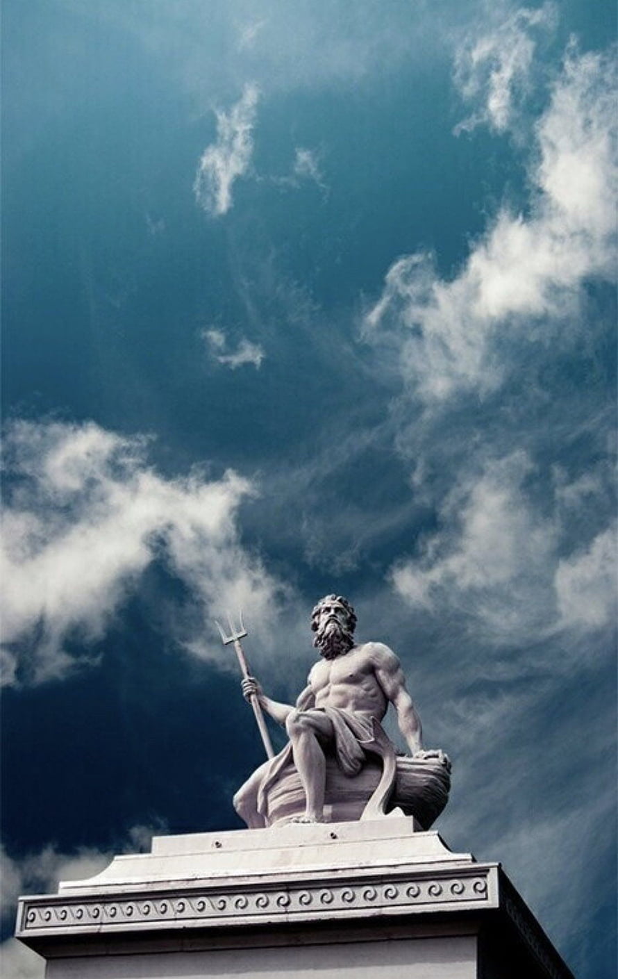Poseidon Statue Holding Trident Against Dramatic Cloudy Sky HD phone wallpaper