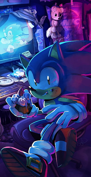 Sonic the Hedgehog in a moody neon-lit room holding a small plush toy HD phone wallpaper