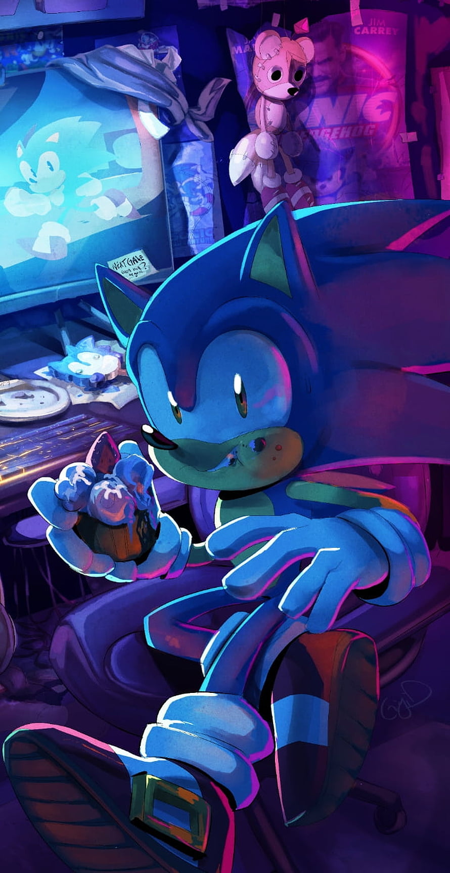 Sonic the Hedgehog in a moody neon-lit room holding a small plush toy HD phone wallpaper