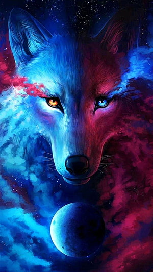 Cosmic Wolf Portrait with Heterochromia and Nebula Background HD phone wallpaper