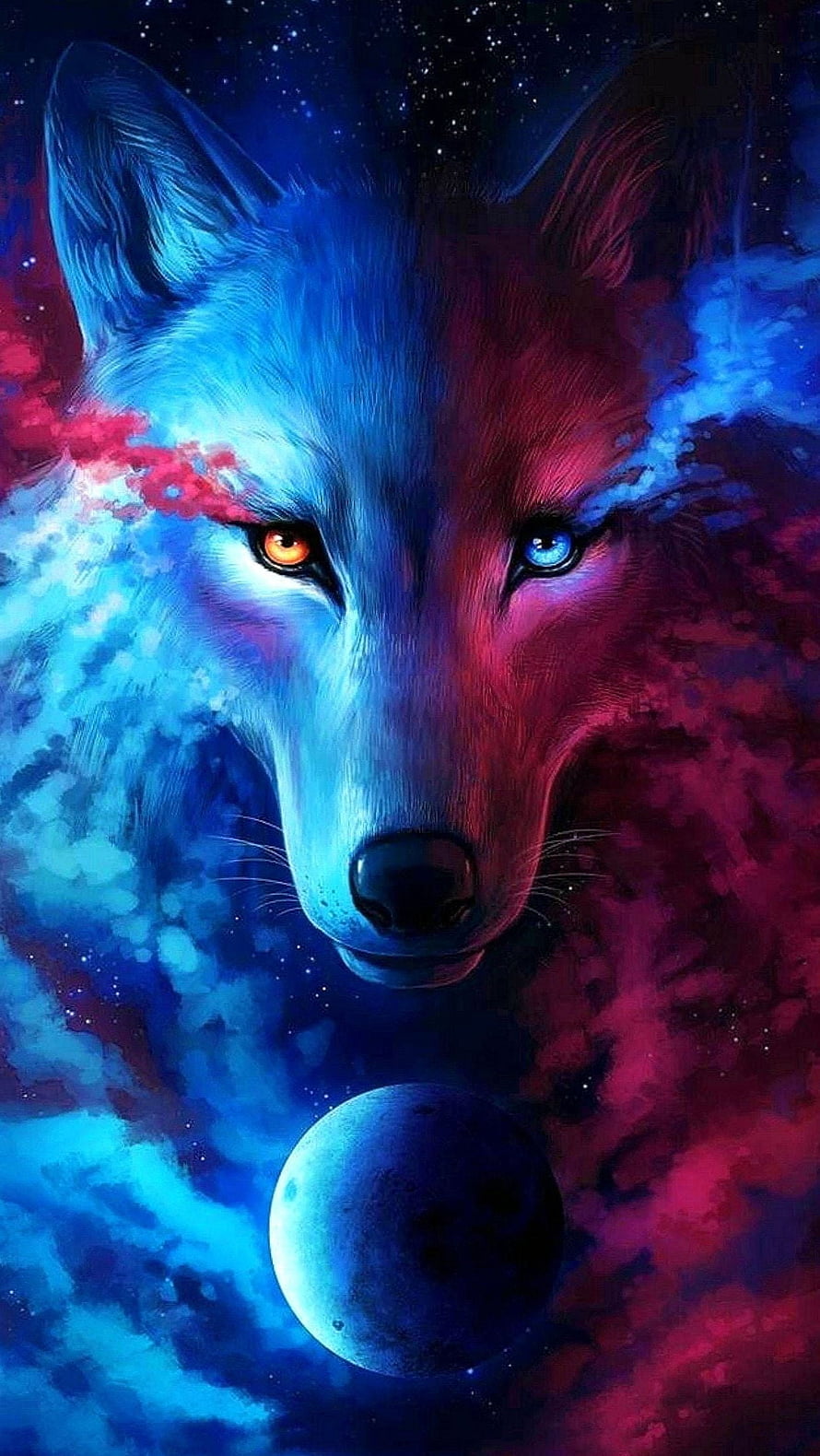 Cosmic Wolf Portrait with Heterochromia and Nebula Background HD phone wallpaper