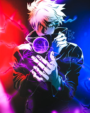 Gojo Satoru Channeling Purple Energy Sphere in Vibrant Neon Anime Art HD phone wallpaper