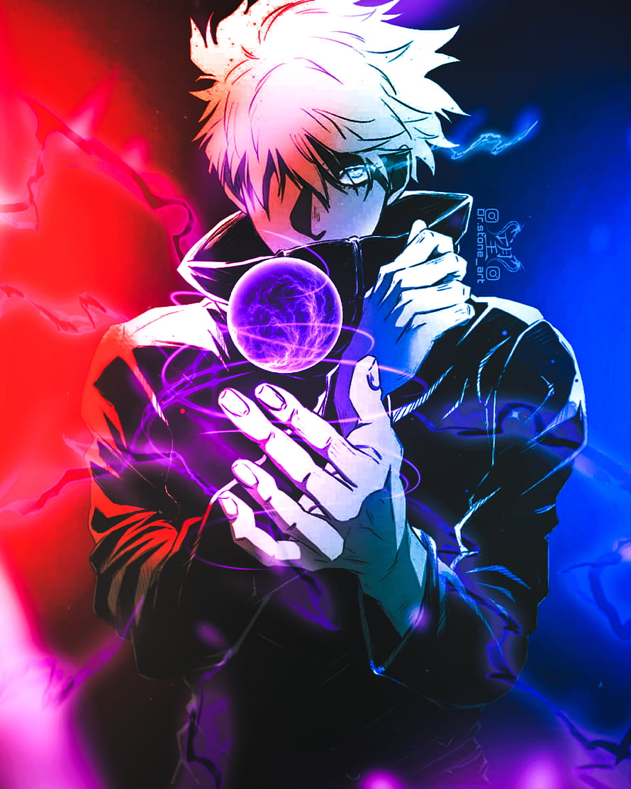 Gojo Satoru Channeling Purple Energy Sphere in Vibrant Neon Anime Art HD phone wallpaper