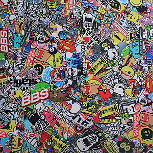 Vibrant Sticker Bomb Collage with Pop Culture Icons and Bold Typography HD phone wallpaper
