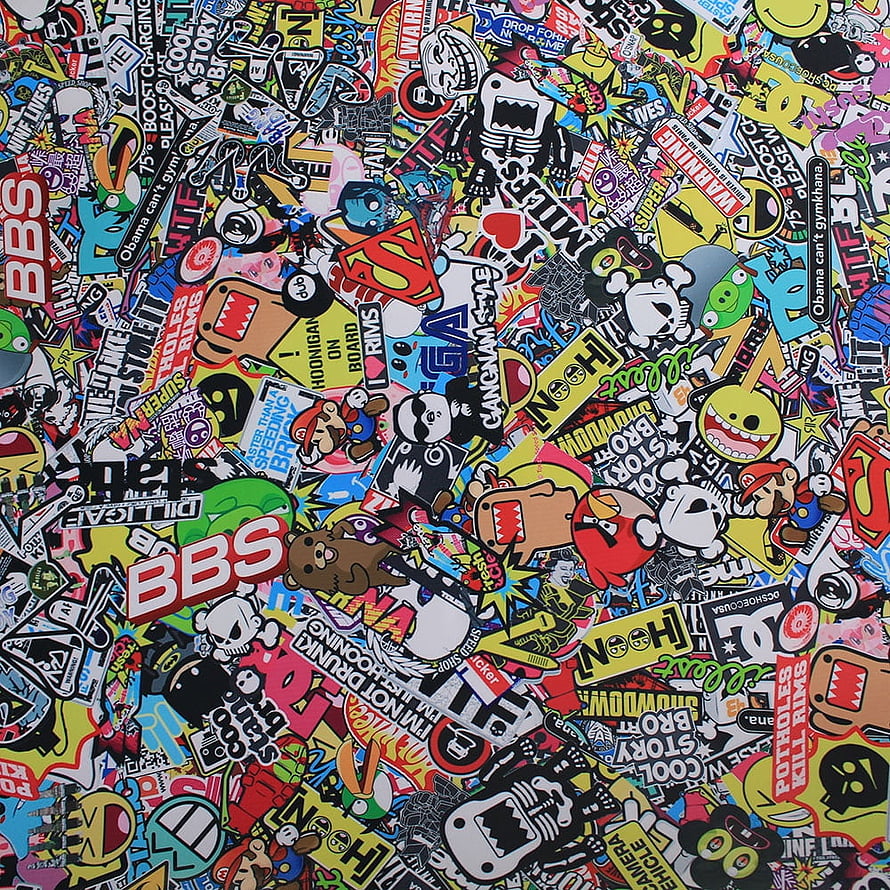 Vibrant Sticker Bomb Collage with Pop Culture Icons and Bold Typography HD phone wallpaper