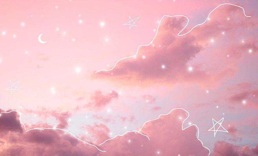 Dreamy Pink Sky with Glowing Clouds, Crescent Moon, and Star Outlines HD wallpaper