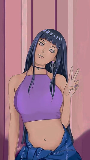 Hinata Hyuga Anime Character in Purple Crop Top and Blue Skirt HD phone wallpaper