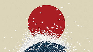 Minimalist Japanese Rising Sun and Origami Crane Wave Vector Illustration HD wallpaper
