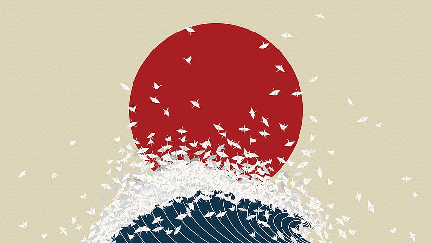 Minimalist Japanese Rising Sun and Origami Crane Wave Vector Illustration HD wallpaper