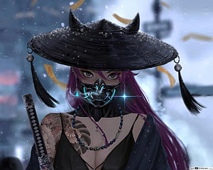 Cyberpunk Samurai Girl with Glowing Oni Mask and Katana in Snowy Night HD wallpaper