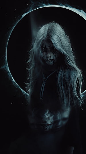 Ethereal Ghost Woman with Dark Makeup and Long Silver Hair in a Cosmic Eclipse, Ghost, Ghost Soul, Horror HD phone wallpaper