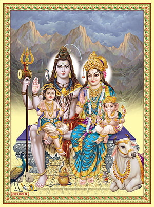 Shiv Parivar Family Portrait with Parvati, Ganesha, and Kartikeya in Traditional Indian Art HD phone wallpaper