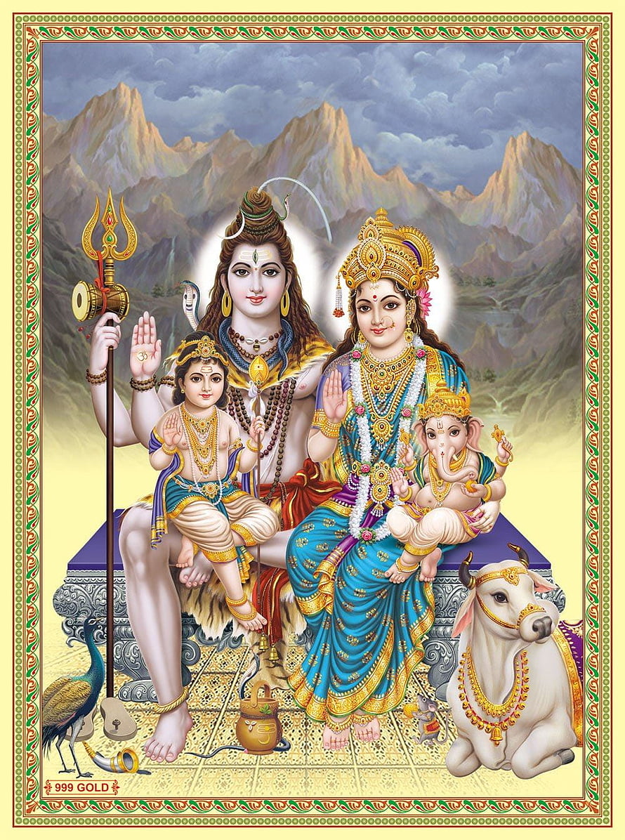 Shiv Parivar Family Portrait with Parvati, Ganesha, and Kartikeya in Traditional Indian Art HD phone wallpaper
