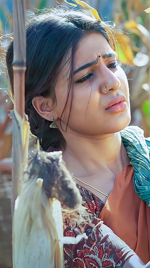 Samantha Akkineni in Rangasthalam wearing traditional Indian attire with a contemplative expression HD phone wallpaper