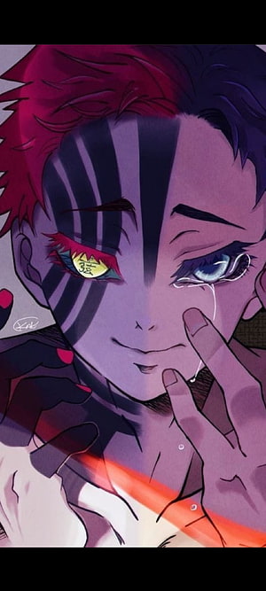 Akaza Demon Slayer Anime Character Portrait with Split Face and Tears HD phone wallpaper