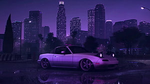 Mazda MX-5 Miata in Night City with Neon Purple Skyline and Wet Street Reflections HD wallpaper