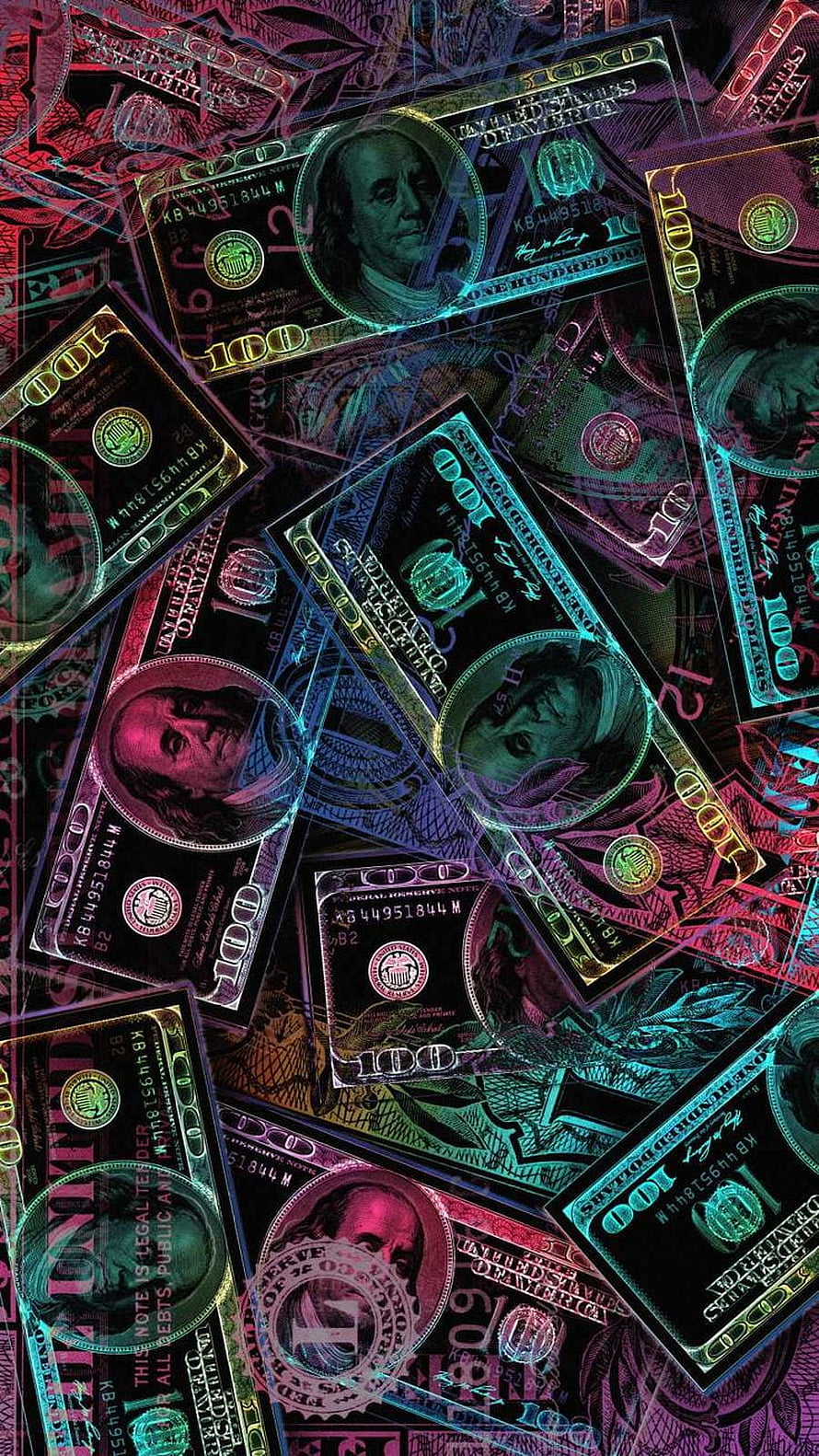 Neon Glowing 100 Dollar Bills Scattered on Dark Background HD phone wallpaper