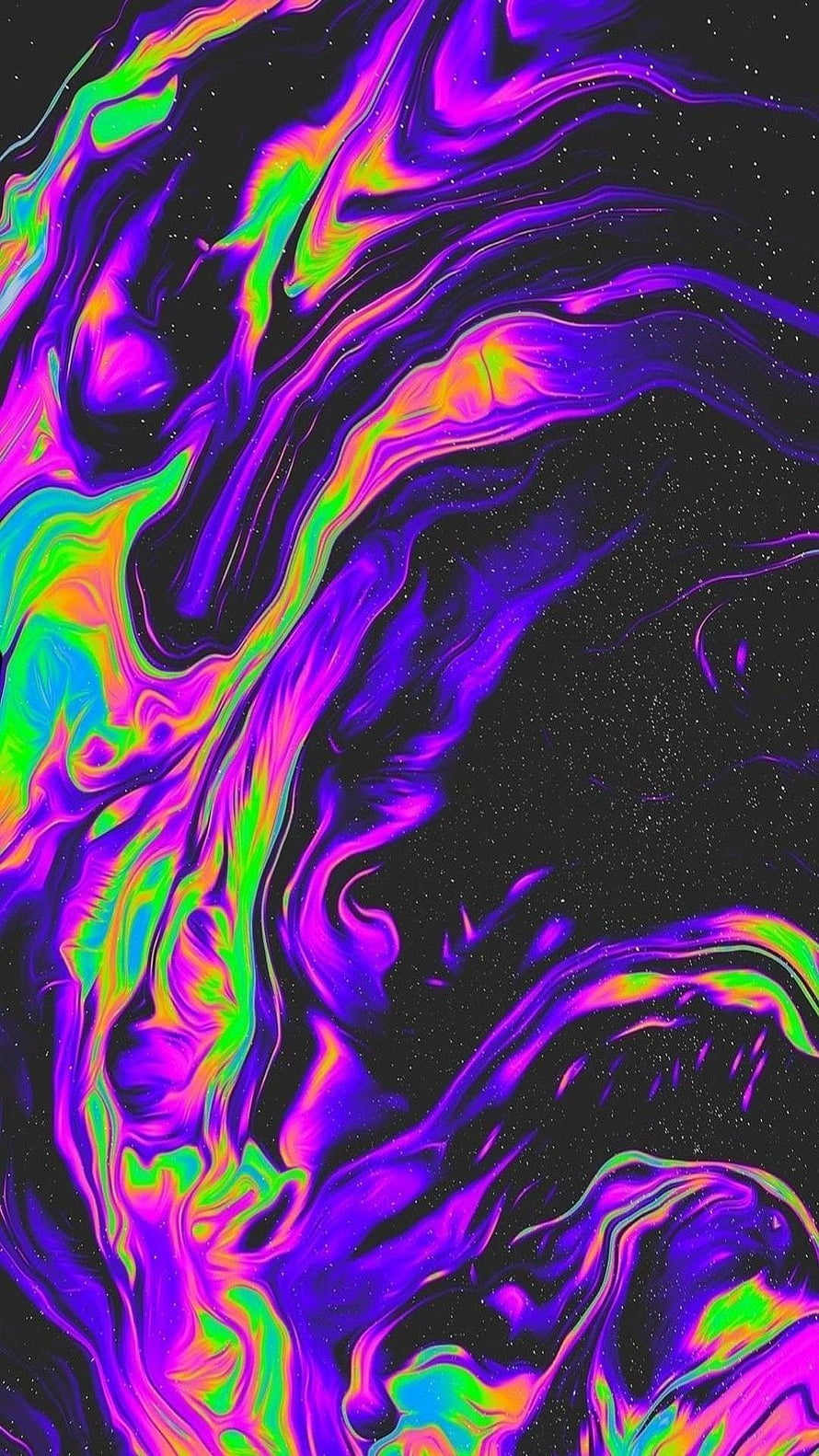 Vibrant psychedelic swirls of neon purple, green, and magenta flowing across a dark starry background HD phone wallpaper
