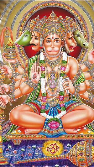 Panchmukhi Hanuman Five-Faced Hindu Deity Illustration with Om Symbol, Panchmukhi Hanuman, God, Hanuman HD phone wallpaper