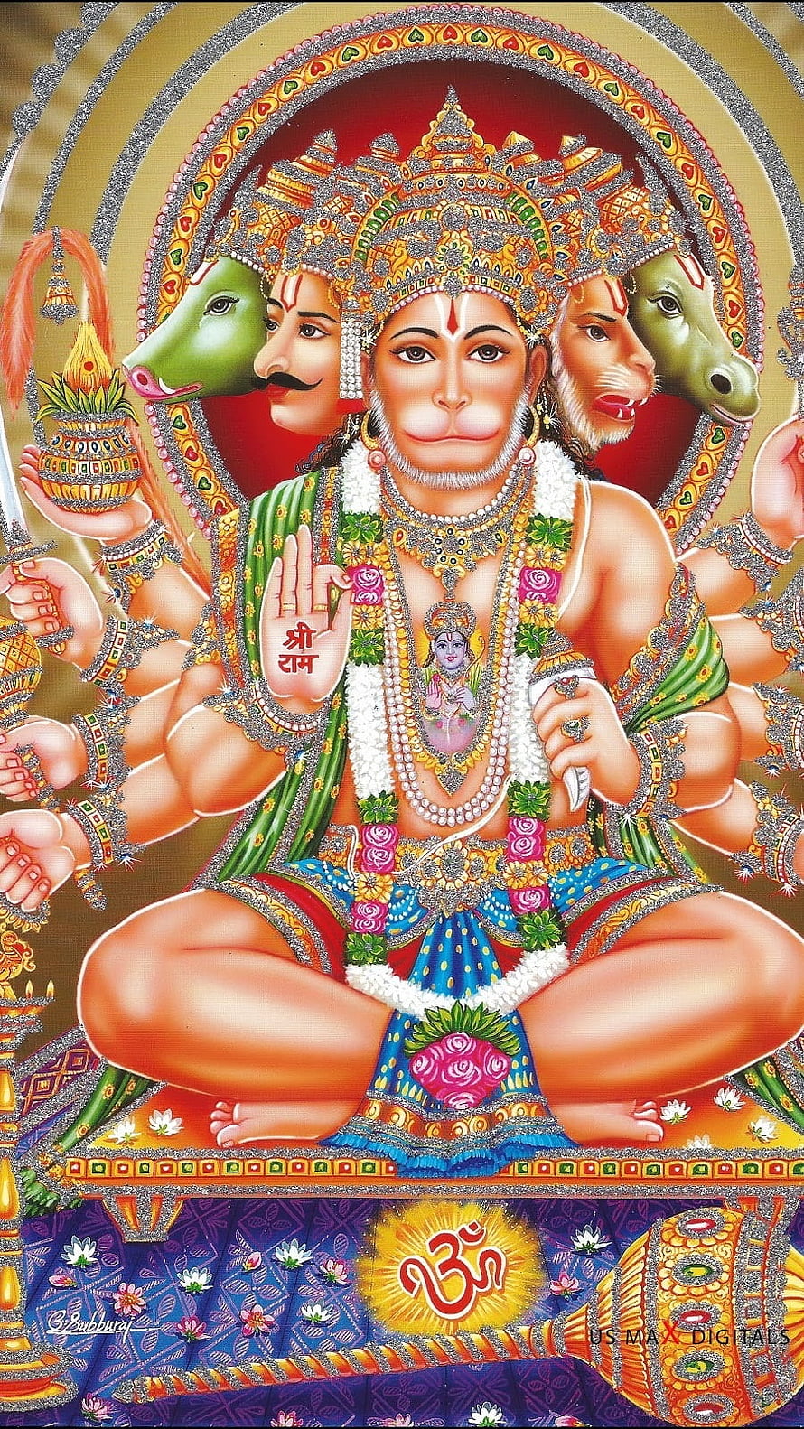 Panchmukhi Hanuman Five-Faced Hindu Deity Illustration with Om Symbol, Panchmukhi Hanuman, God, Hanuman HD phone wallpaper