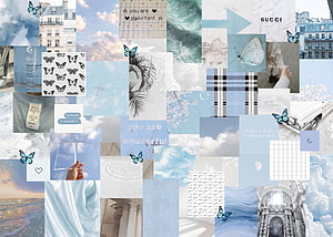 Soft Blue and White Aesthetic Collage Wallpaper Featuring Butterflies and Clouds HD wallpaper