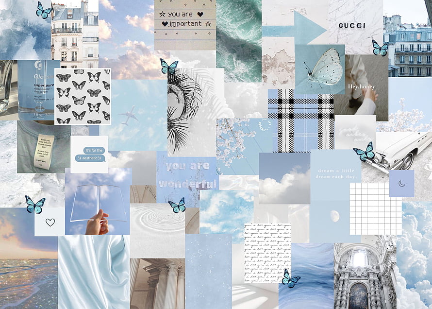 Soft Blue and White Aesthetic Collage Wallpaper Featuring Butterflies and Clouds HD wallpaper