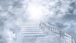Ethereal Celestial Staircase Ascending Through Clouds to Divine Light HD wallpaper