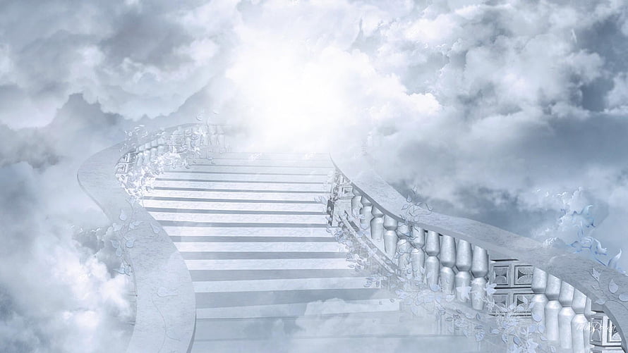 Ethereal Celestial Staircase Ascending Through Clouds to Divine Light HD wallpaper
