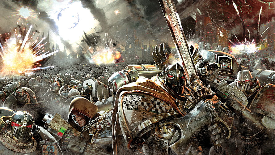 Warhammer 40k Space Marines in Epic Battle with Explosions and Armored Troops HD wallpaper
