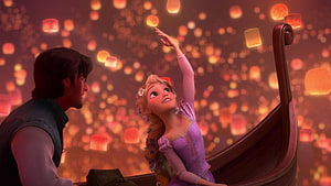 Rapunzel and Flynn Rider in a boat surrounded by floating lanterns from Tangled HD wallpaper