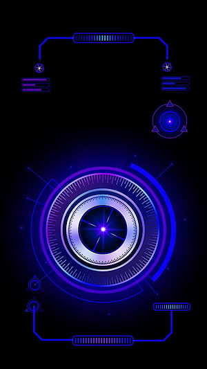 Iron Man JARVIS Futuristic HUD Interface with Glowing Blue and Purple Circular Dials on Black Background HD phone wallpaper